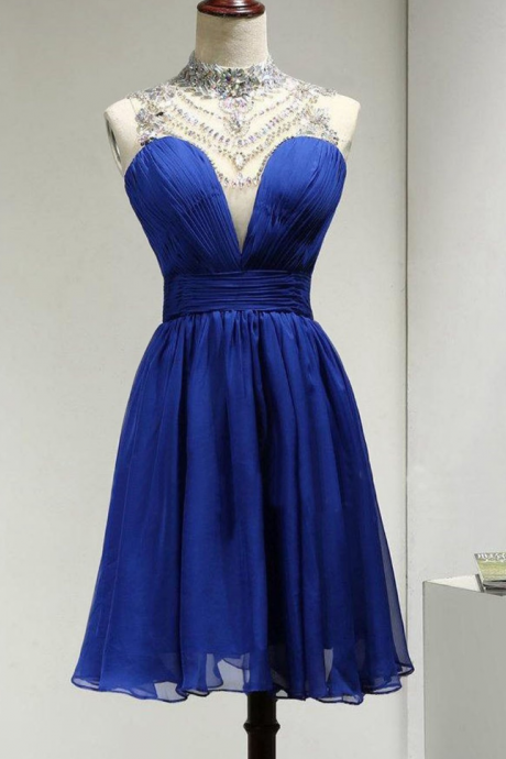 Homecoming Dresses ,high Neck Homecoming Dresses,short Royal Blue Homecoming Gowns,chiffon Homcoming Dress With Beading Ruched,a-line Homecoming