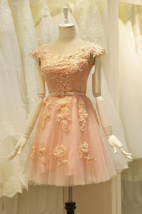 Homecoming Dresses ,cute A-line Jewel Cap Sleeves Short Coral Tulle Homecoming Dress With Appliques Lace-up