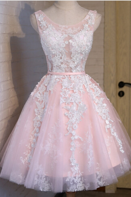 Homecoming Dresses Lovely Pink Applique Sleeveless Short Prom Dresses