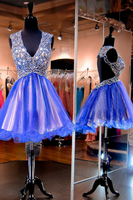 Homecoming Dresses ,sparkle Royal Blue Prom Dresses,v-neck Prom Dresses,short Prom Dresses,junior Prom Dresses,tulle Prom Dresses,sexy Backless
