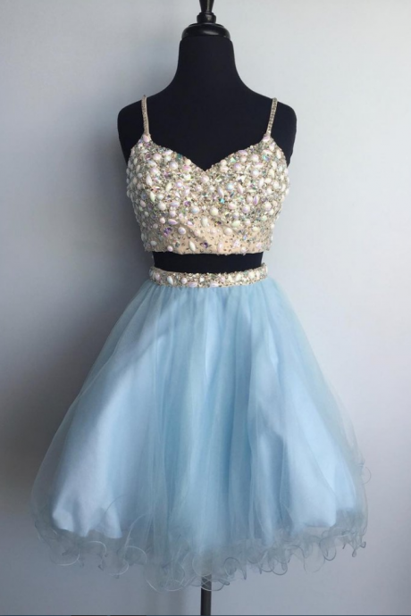 Homecoming Dresses ,sexy Prom Gown,spaghetti Straps Prom Dress,two Piece Homecoming Dress,tulle Party Dress