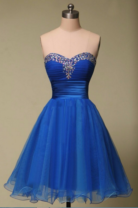 A Line Sweetheart Sleeveless Beaded Crystal Royal Blue Evening Party Short Homecoming Dresses