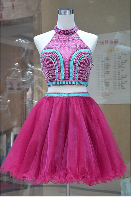 Pretty Tulle Halter Neckline Two-piece A-line Short Homecoming Dresses With Beadings