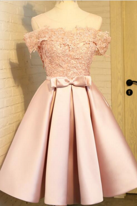Lovely Light Pink Off Shoulder Satin And Lace Applique Homecoming Dresses, Homecoming Dresses , Short Party Dresses