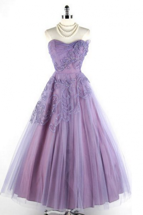 Vintage Prom Dress, Purple Prom Gowns, Beading Crystals Prom Dresses