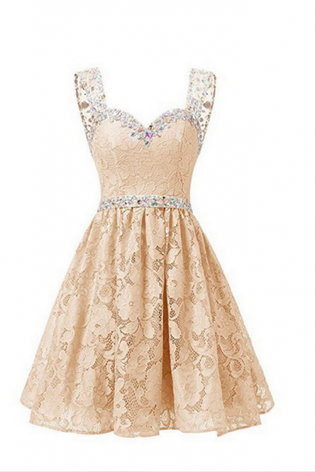 Champagne Sweetheart Lace Beading Homecoming Dress,straps A Line Homecoming Dresses,short Prom Dress