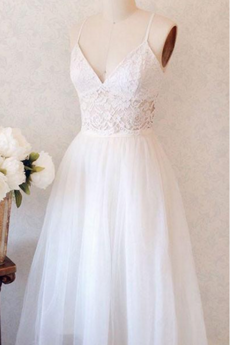 Homecoming Dresses ,elegant A-line Spaghetti Straps V-neck White Long Homecoming Dress With Lace