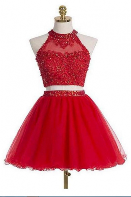 Red Homecoming Dresses Hollow Sleeveless Gown High necked Above-Knee Crystal Beads Ruffle