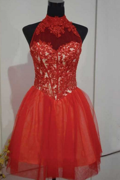 A Line Red Homecoming Dresses Open Back Sleeveless Lace High-neck Mini Homecoming Dress