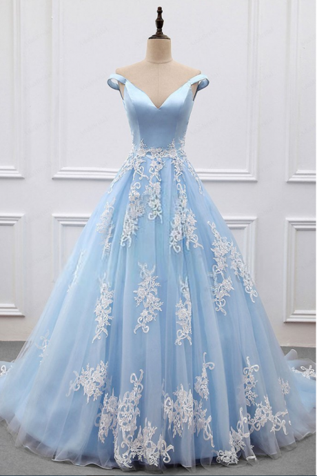 Sexy Blue Prom Dresses Ball Gowns Long Blue Tulle Appliques Appliques Sweet 16 Dress
