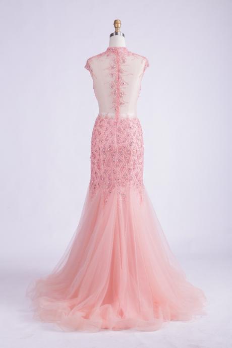 High Neck Crystal Beading Pink Mermaid Evening Dresses Tulle Formal Prom Dress