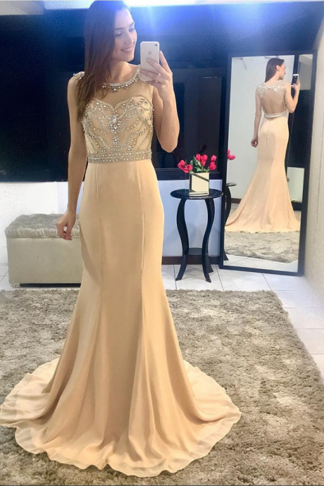 Beading Bodice Champagne Chiffon Mermaid Evening Dress Backless Prom Gowns