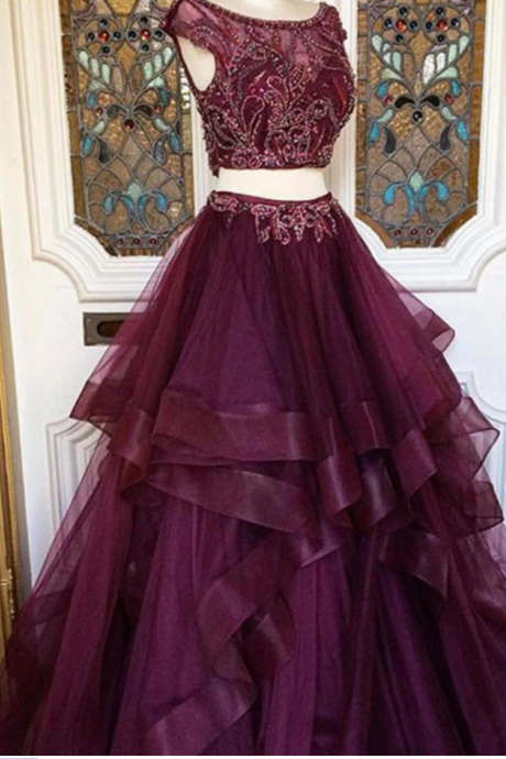 Two Pieces Prom Dress with Tiered Skirt