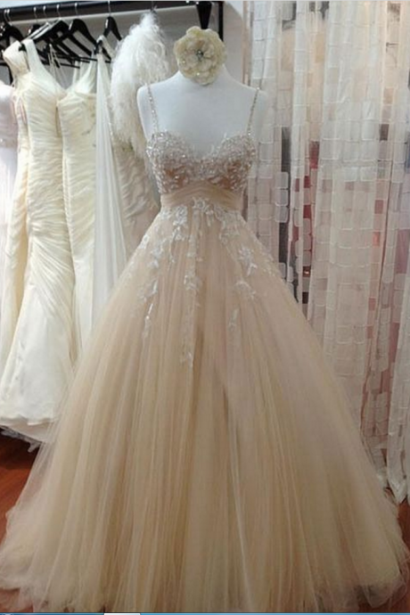 Spaghetti Straps Champagne Prom Dress with Beaded Lace