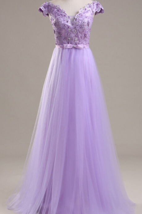 Light Purple tulle Prom Dresses Cap Sleeves Appliques Party Dresses