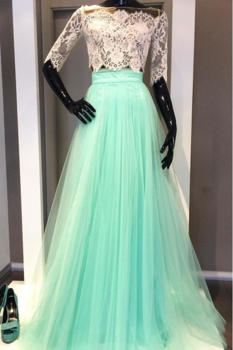 Two Piece Prom Dresses,prom Dresses With Sleeves,long Prom Dresses ,elegant Prom Dress,tulle Dress