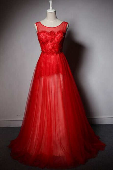 Custom Made Red Prom Dress, A-line Prom Dress,tulle Prom Dress, Scoop Prom Dress, Beading Appliques Prom Dress