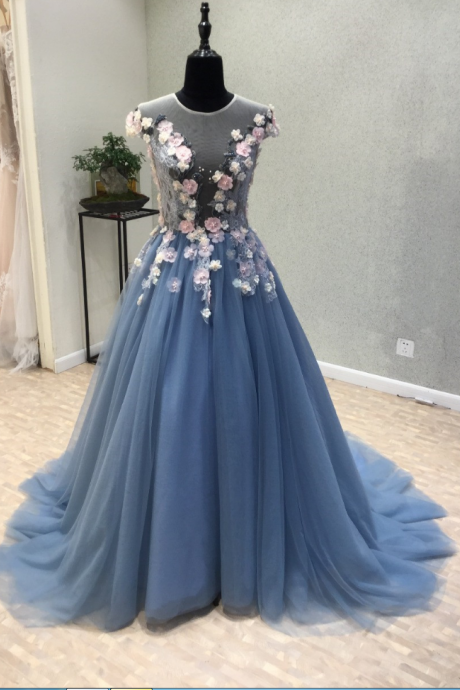 2018 Prom Dresses,a-line Prom Dresses,blue Prom Dresses,hand Flowers Prom Dresses,court Train Prom Dresses,evening Dresses,party Dresses