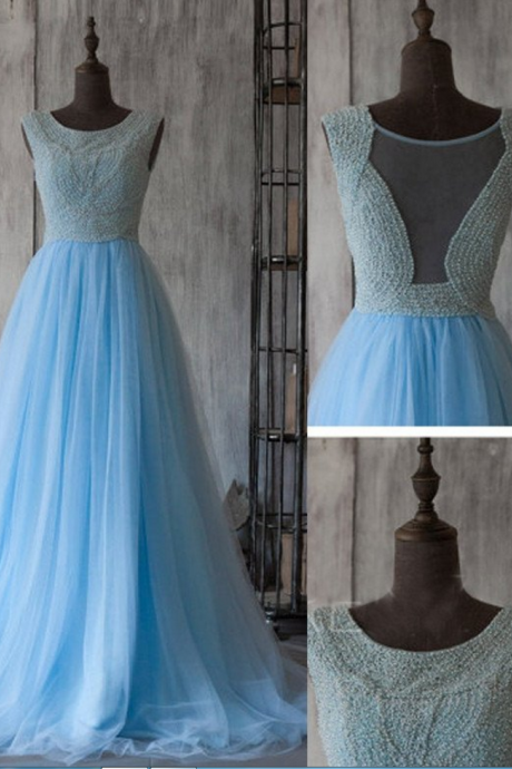 Blue Round Sleeveless Beaded Tulle A-line Long Prom Dress, Evening Dress Featuring Sheer Back