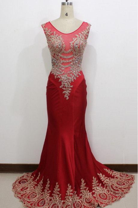 Real Image/picture Mermaid Prom Dresses Red Sheer Neck Appliques Hollow Back Long Formal Evening Party Gowns