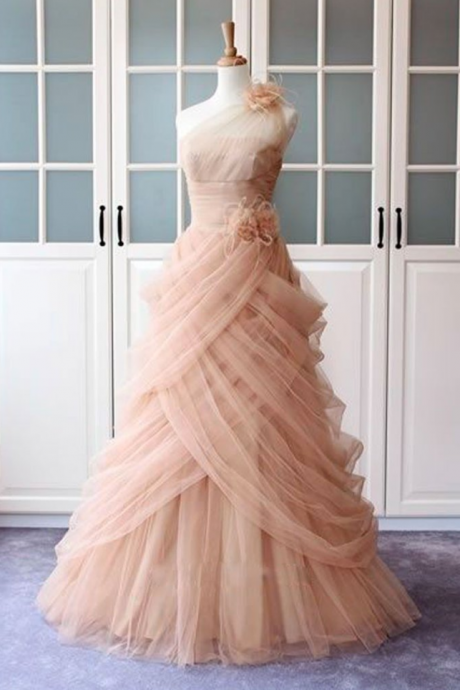 Unique Pink Tulle Long Prom Dress, Pink Evening Dress