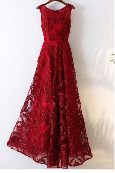 Burgundy Round Neck Lace Long Prom Dress, Burgundy Evening Dress