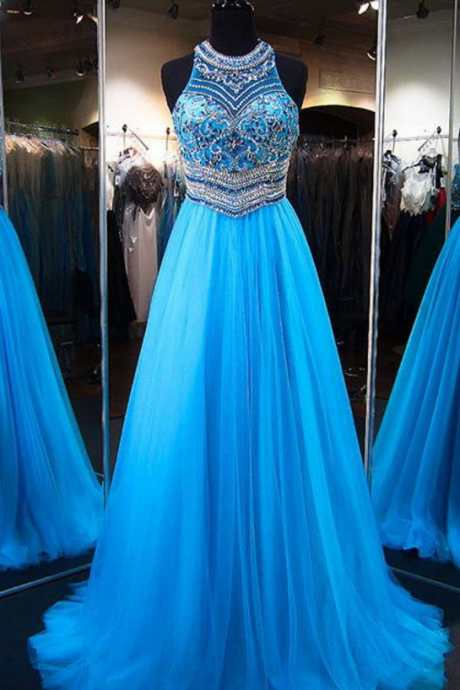 Blue Prom Dresses, Sparkly Princess Formal Dresses, Modest Long Evening Dresses, Crystal Detailing Party Gowns, Girls Homecoming Dresses