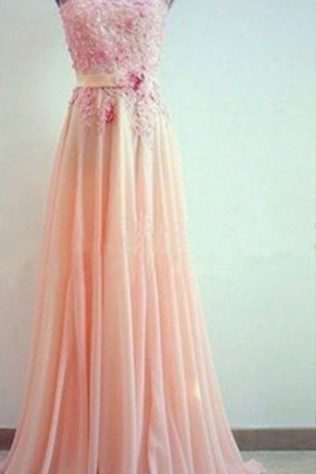 Simple Lace And Chiffon Pink Prom Dresses Pearls Embellishment
