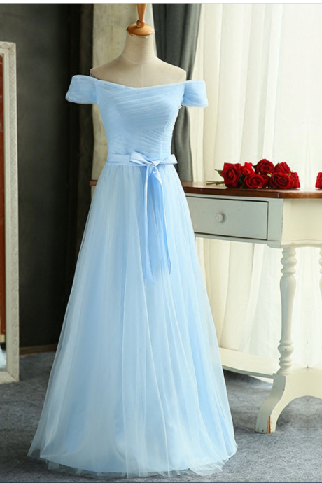 A Line Off Shoulder Tulle Prom Dresses Satin Waistband