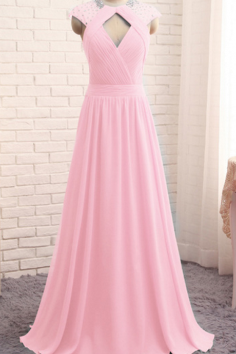 Pink Long Chiffon Prom Dresses Pleat Crystals Women Dresses