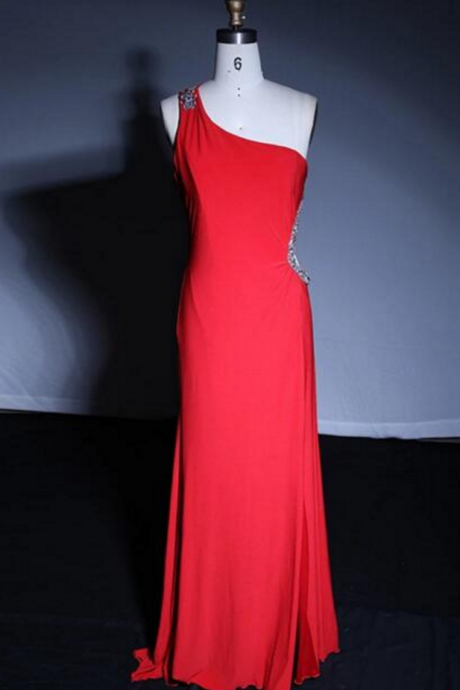 One Shoulder Long Chiffon Prom Dresses Crystals Red Women Party Dresses