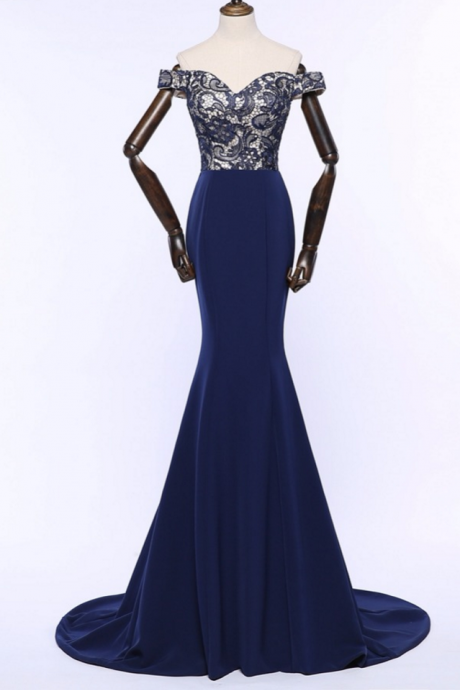 Luxurious Lace Mermaid Long Evening Dresses V-neck Dark Blue Pageant Prom Gowns Formal Evening Gown