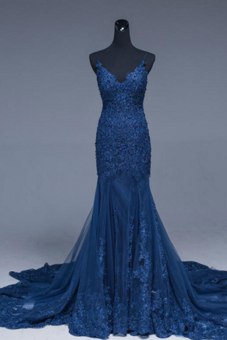 A Dark Blue Mermaid Evening Gown With A Sexy Tulle Gown And A Ball Gown