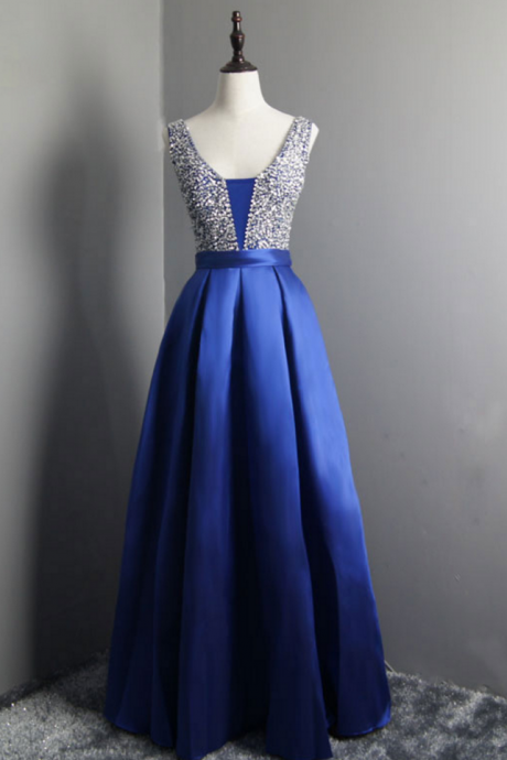 Royal Blue Prom Dress Elegant V Neck Evening Dresses Beaded Satin Party Dresses Robe De Soiree Formal Gowns