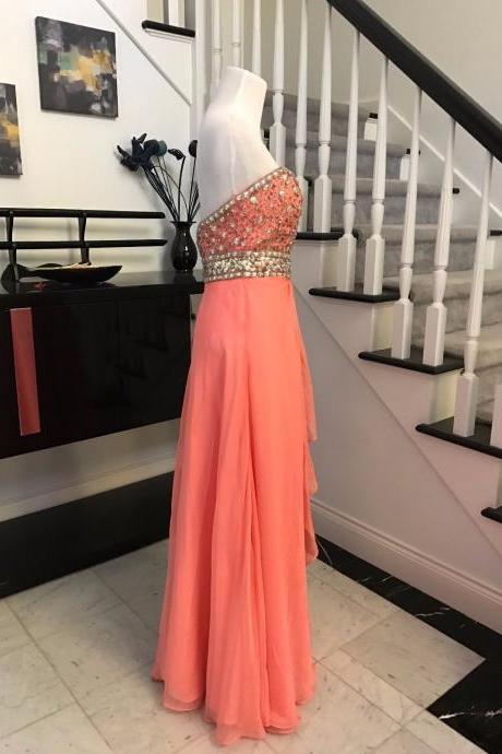 Sparkly Coral Prom Dresses Sweetheart Beaded Chiffon Prom Gowns Party Evening Dress For Women