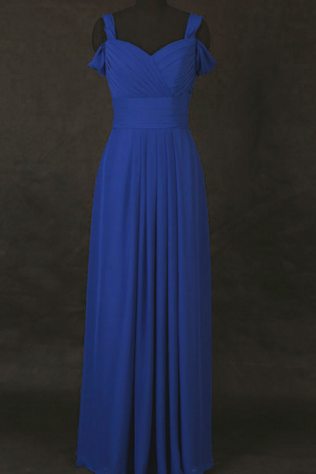 Charming Blue A Line Chiffon Long Elegant Prom Dresses With Ruched Bodice And Off The Shoulder
