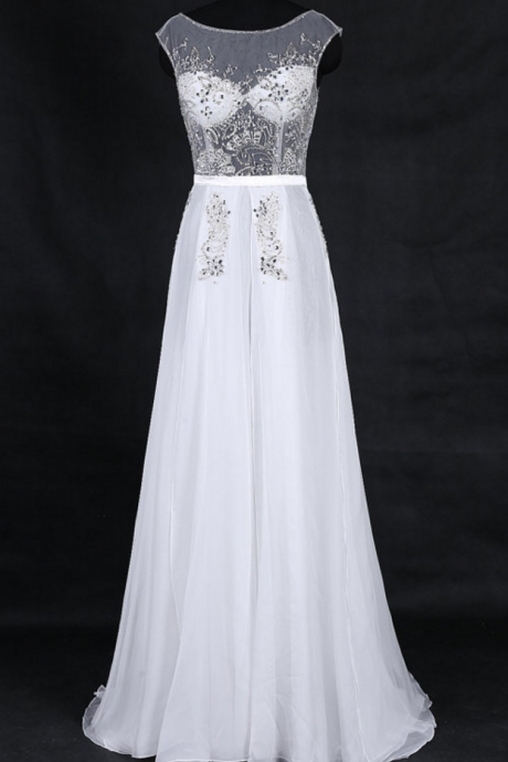 Sexy White Prom Dresses Chiffon Beaded Evening Gowns With Sheer Scoop Neckline