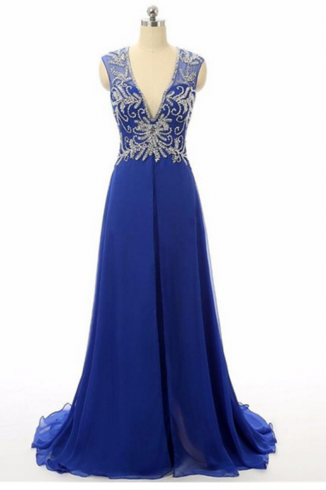 Royal Blue Floor Length Chiffon A-line Prom Dress Featuring Beaded Embellished Plunge V Sleeveless Bodice And Open Back