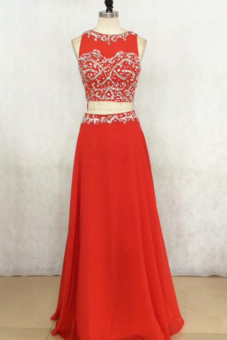 Sexy Red Long Chiffon Prom Dresses Showcases Rhinestone Beaded Bodice,sexy Evening Gowns,formal Dresses,two Piece Prom Dresses