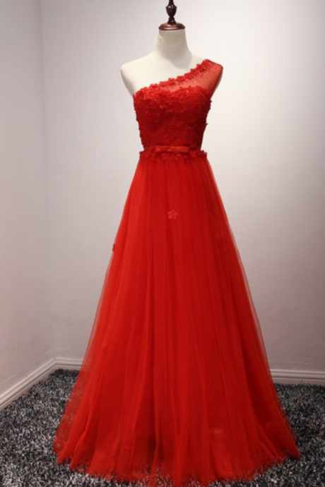 Long Red Tulle Formal Dresses Featuring Floral One Shoulder And Bow Accent Belt -- Long Elegant Prom Dress, Sexy Floral Evening Gown