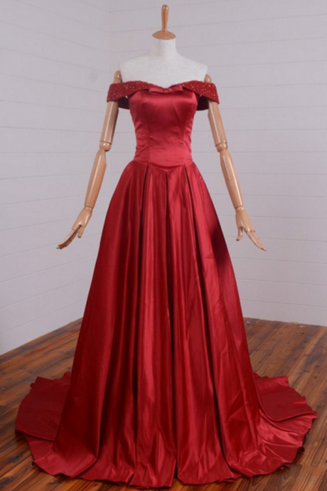 Long Red Satin Formal Dresses Featuring Beaded Off The Shoulder And Chapel Train -- Long Elegant Prom Dress, Sexy Beaded Evening Gown