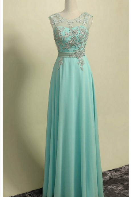 Long Mint Green Chiffon Formal Dresses Showcases Lace Bodice And Sheer Neck - Long Elegant Prom Dresses, Charming Evening Gown