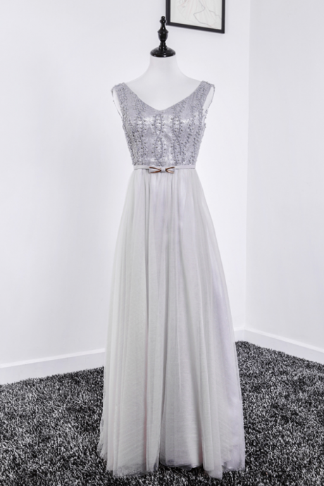 Long Silver Evening Dresses V Neck Tulle Beaded Prom Dress Long Elegant Formal Gowns Robe De Soiree
