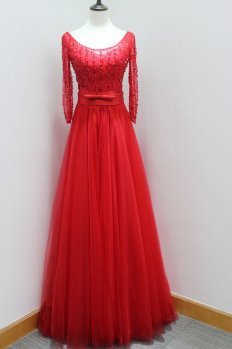 Sexy Red Long Sleeve Evening Dresses With Illusion Neckline Beaded Prom Dress Long Elegant Tulle Formal Gowns