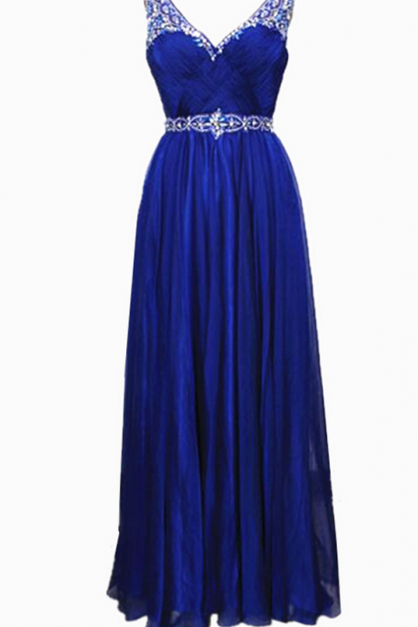 Royal Blue Prom Dresses Rhinestone Beaded Chiffon Prom Gowns Strapless Party Evening Dress For Women