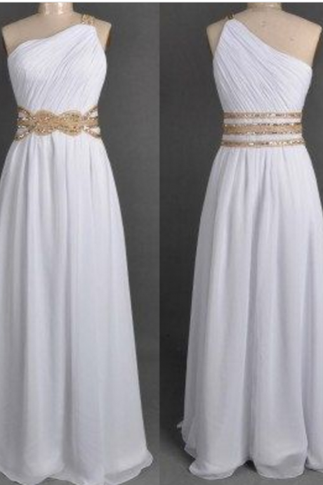 Chiffon Floor Length Strapless One Shoulder White Prom Dress , Party Dresses, Evening Dresses, Long Prom Dress ,graduation Dresses