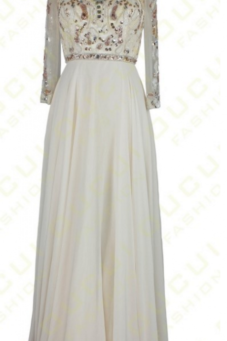 Tulle And Chiffon Prom Dress,white Three Sleeve Evening Dresses,beading Hand Work Dress