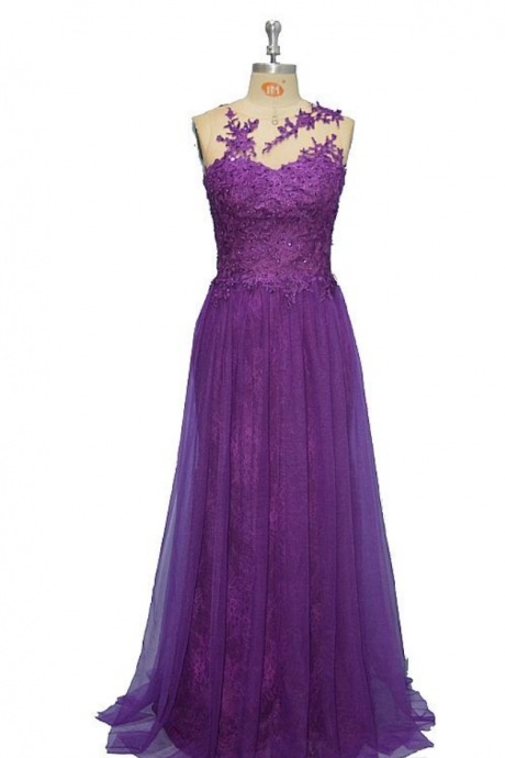 Purple A Line Long Evening Dresses Applique Scoop Neck Sleeveless Formal Prom Dresses Party Gown Custom Made Plus Size