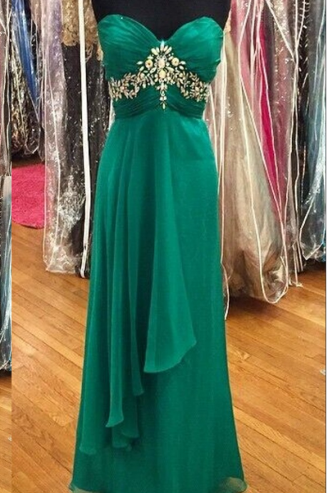 Simple Green Style Crystals Beaded Sweetheart Formal Dresses, Long Open Back Prom Dresses