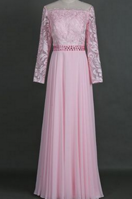 Generous Off Shoulder Long Sleeves Pink Prom Dress With Beading Lace Top